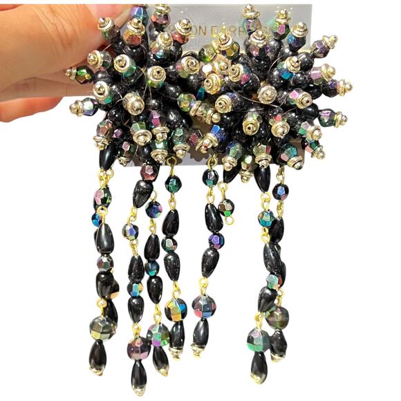 Black Iridescent Chandelier Clip On Earrings Vintage Statement - Picture 1 of 12